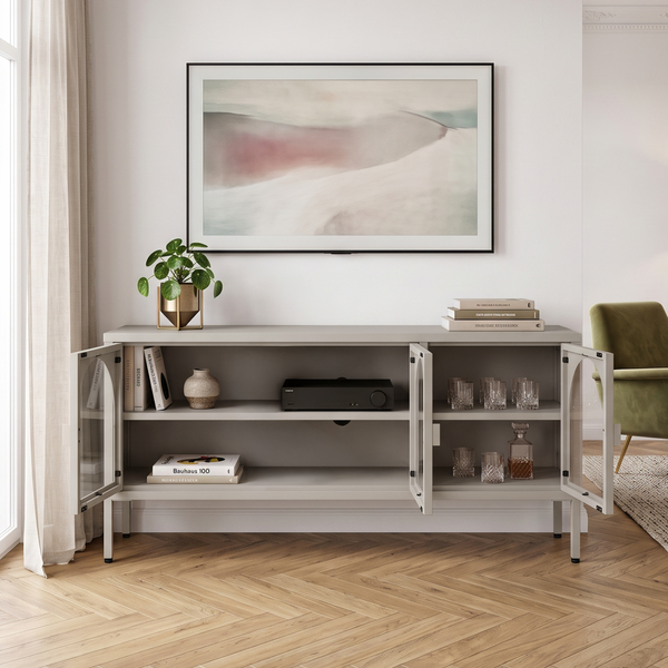 Vitrinen-Sideboard Klippestad Stahl 118x35x55 cm Kamelfarben [en.casa]