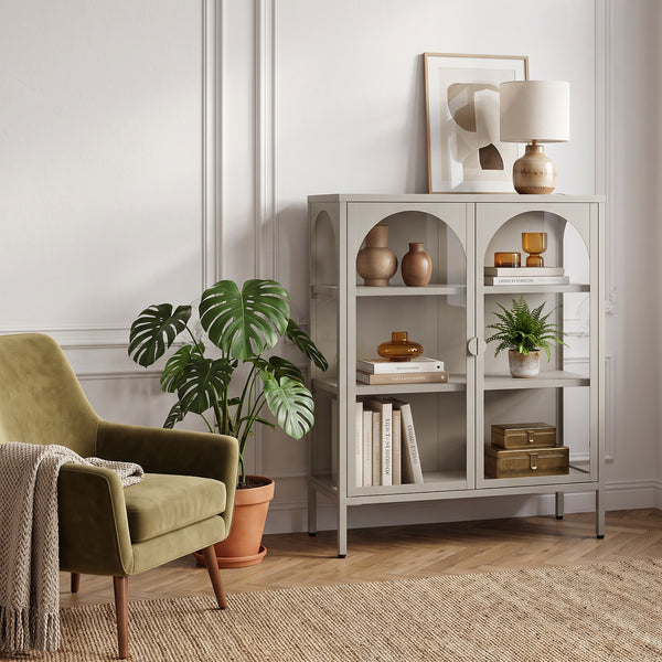 Vitrinen-Sideboard Klippestad Stahl 95x80x35 cm Kamelfarben [en.casa]