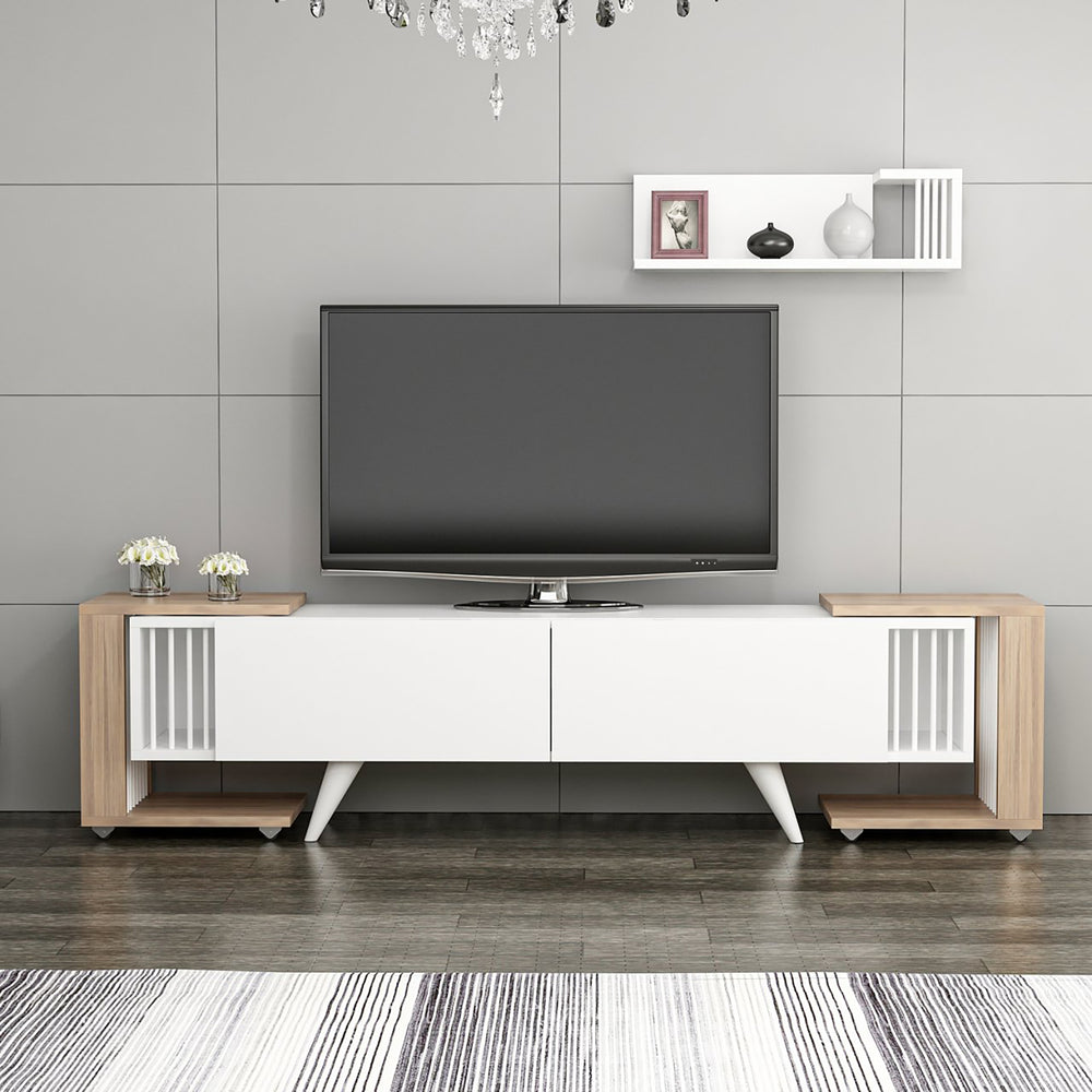 Fernsehtisch mit Regal und 2 Beistelltischen Glostrup Eicheoptik / Weiß [en.casa]