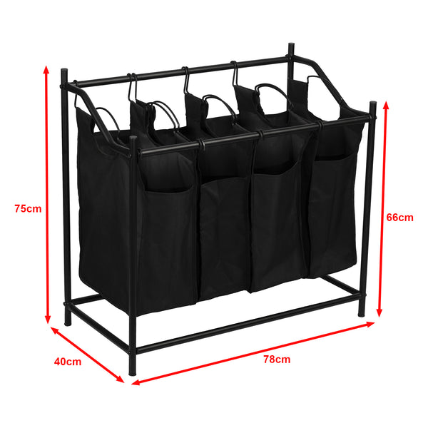 Wäschesammler Vamdrup mit 4 Wäschetaschen 18 L Metallgestell Schwarz [en.casa]