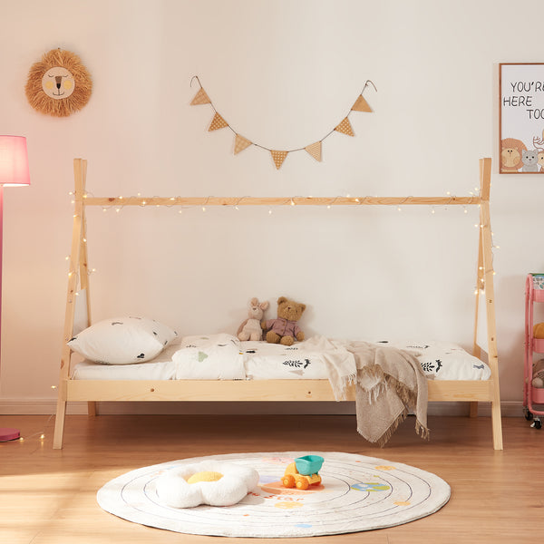 Tipi-Bett Siikajoki mit Matratze 90x200cm Kiefernholz Natur [en.casa]