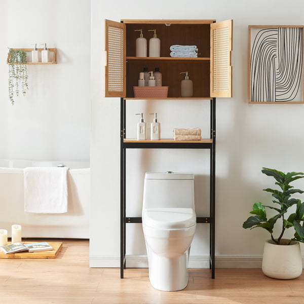 Toilettenschrank Tervola 172x63x27 cm Schwarz/Bambus [en.casa]