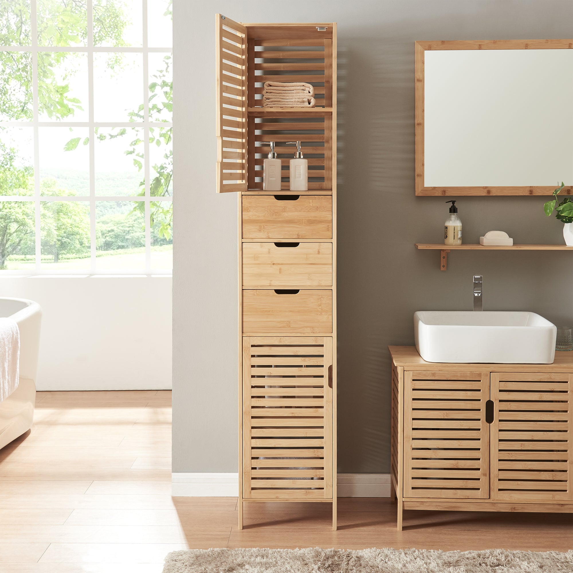 Hochschrank Boksereys 180x35x35 cm Bambus [en.casa]