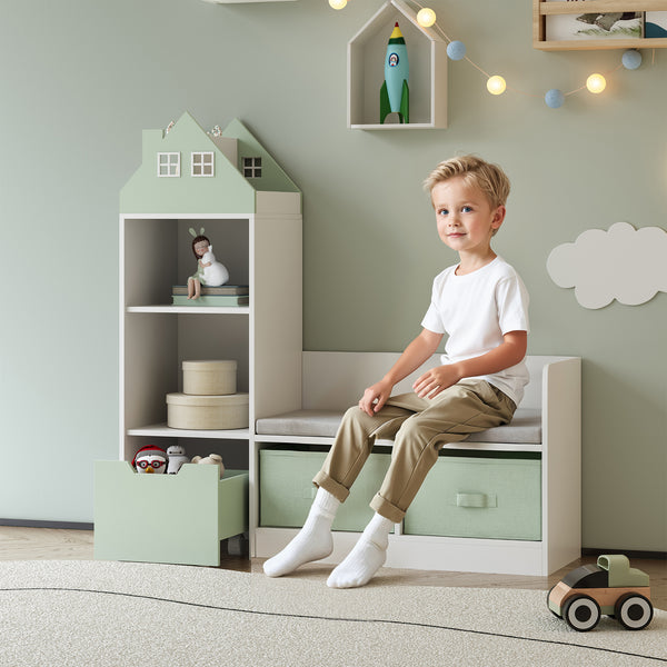 Kindersitzbank mit Regal Vipsali 100x99x30 cm Mintgrün/Weiß [en.casa]