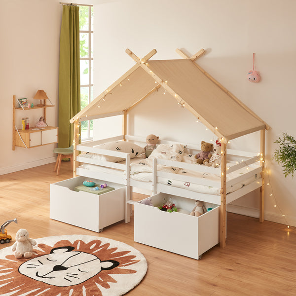 Hausbett Surnadal mit Matratze 90x200 cm Kiefernholz Weiß/Natur [en.casa]