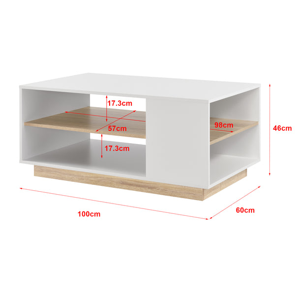 Couchtisch Trelleborg 100x60x46 cm mit 2 Ablagen Weiß/Eiche en.casa