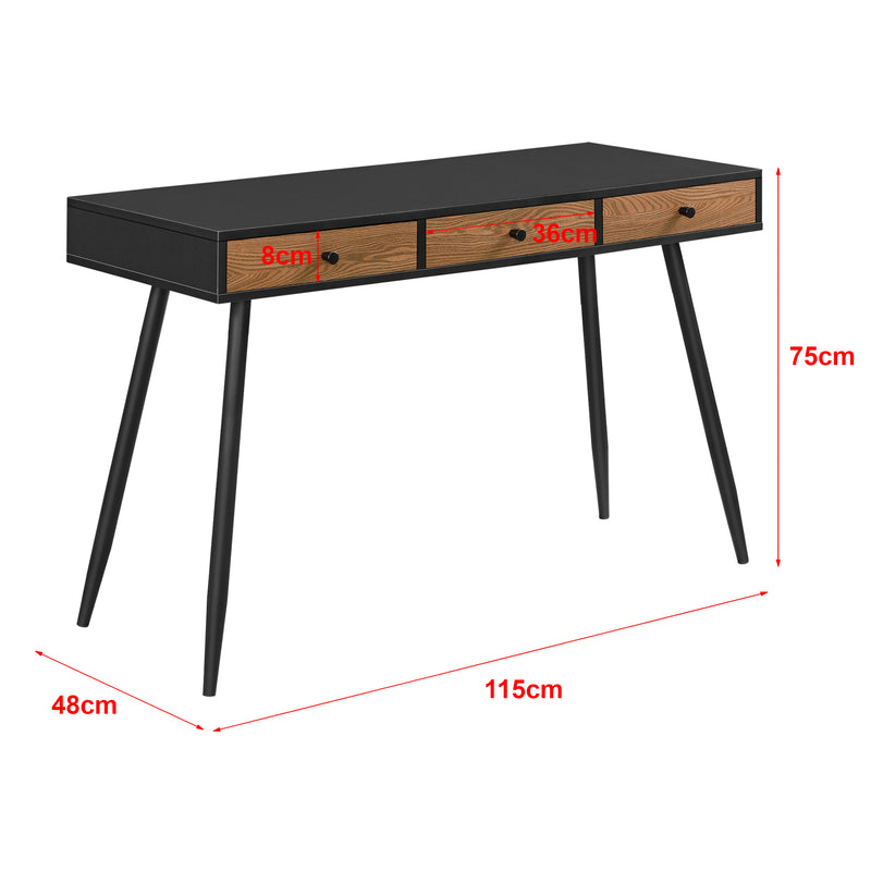 Maßskizze Schreibtisch Tumba 115x48x75cm Schwarz/Dunkler Holzton en.casa