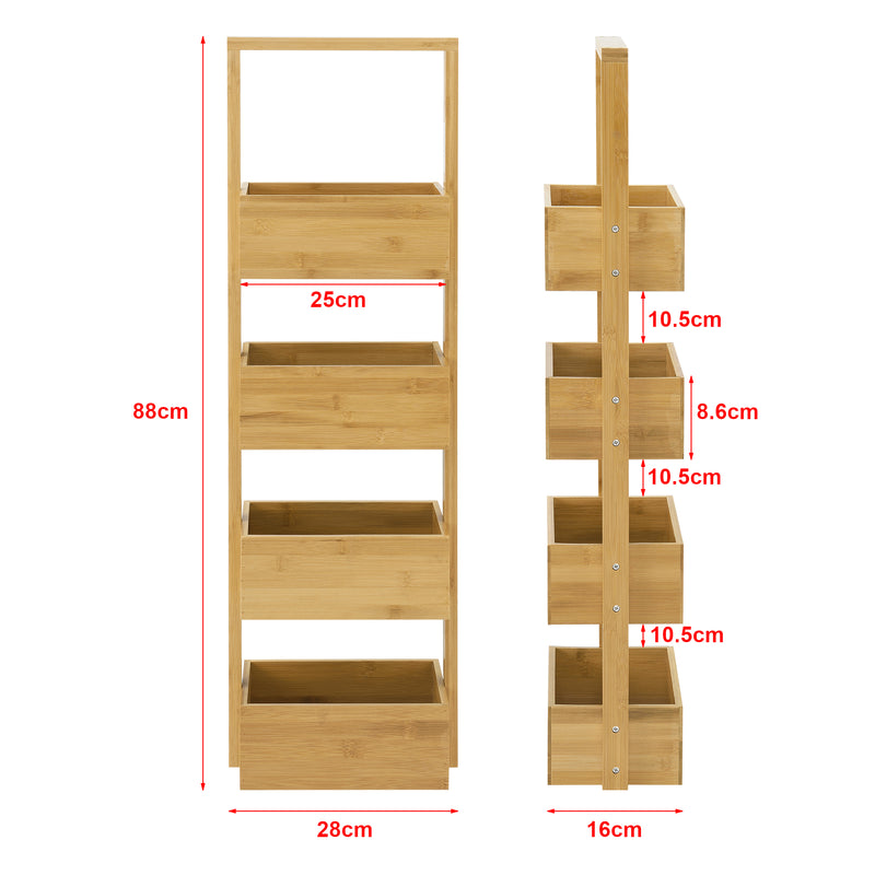 Maßskizze Badregal Bardu mit 4 Ablagefächer 28x16x88cm Bambus [en.casa]