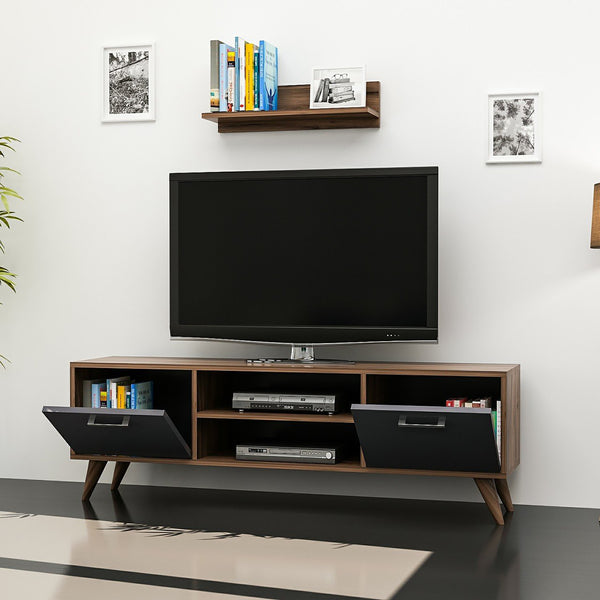 Fernsehtisch mit Wandregal Haderslev Walnussoptik / Anthrazit [en.casa]
