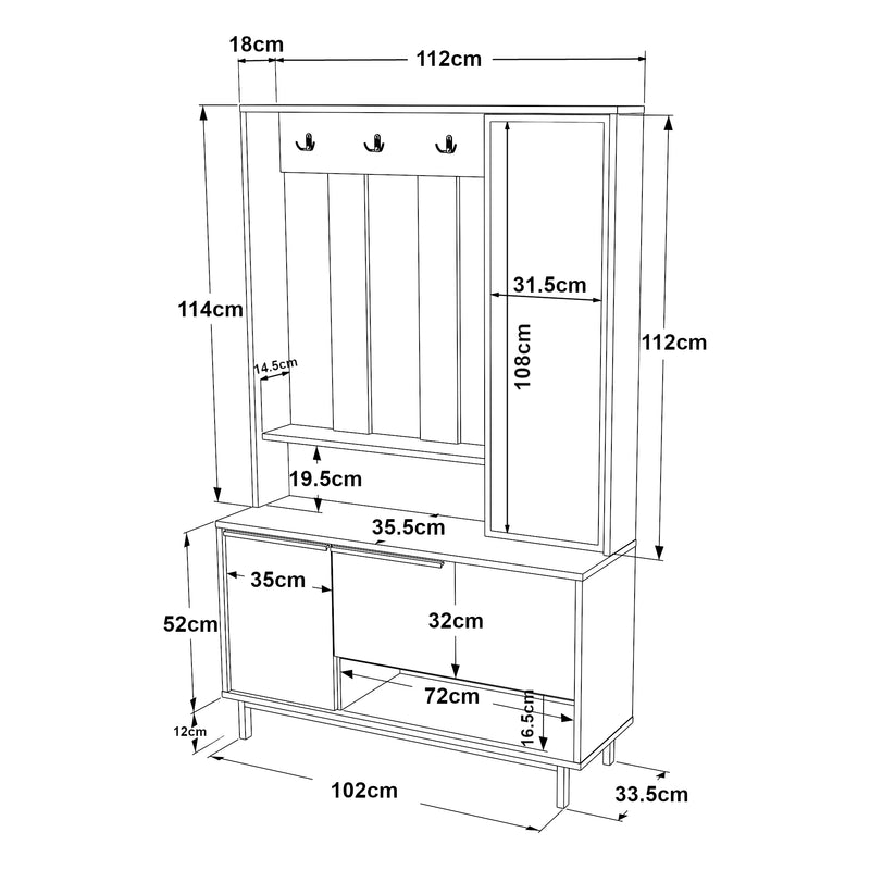 Maßskizze Kompaktgarderobe Kvænangen 78x112x36 cm Eiche/Rattanoptik [en.casa]