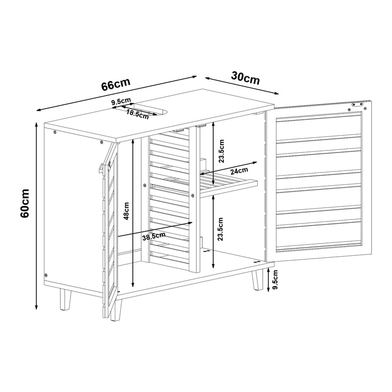 Maßskizze Waschbeckenunterschrank Epind 60x66x30 cm Bambus Natur [en.casa]