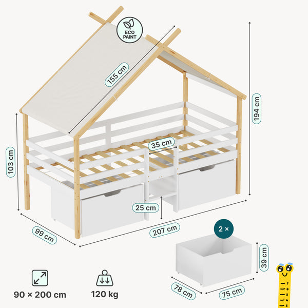 Hausbett Surnadal 90x200 cm Kiefernholz Weiß/Natur [en.casa]