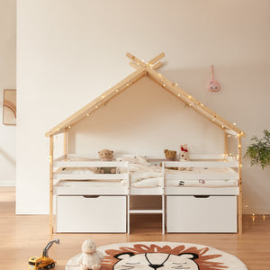 Hausbett Surnadal mit Matratze 90x200 cm Kiefernholz Weiß/Natur [en.casa]