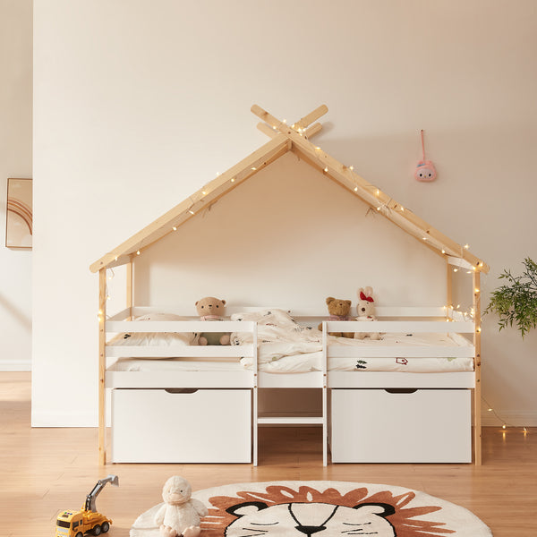 Hausbett Surnadal mit Matratze 90x200 cm Kiefernholz Weiß/Natur [en.casa]