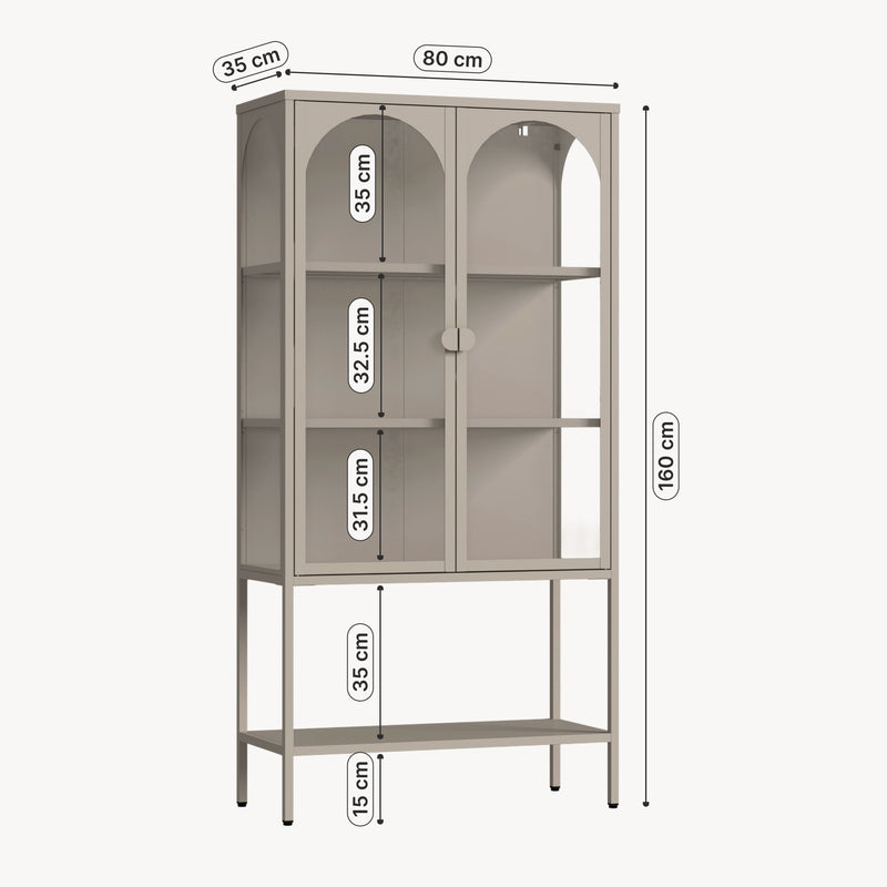 Maßskizze Vitrinenschrank Klippestad Stahl 160x80x35 cm Kamelfarben [en.casa]