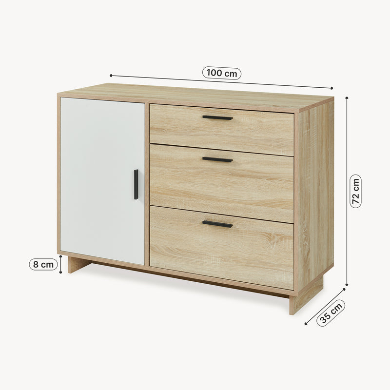 Maßskizze Sideboard Kenta 100x35x72 cm Sonoma-Eicheoptik/Weiß [en.casa]