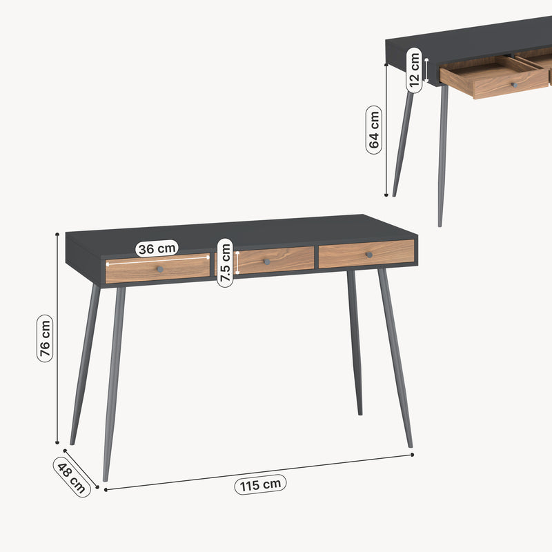 Maßskizze Schreibtisch Tumba 115x48x76 cm Schwarz/Walnussoptik [en.casa]
