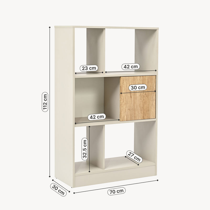 Maßskizze Bücherregal Karena 112x70x30 cm Cremeweiß/Eicheoptik [en.casa]