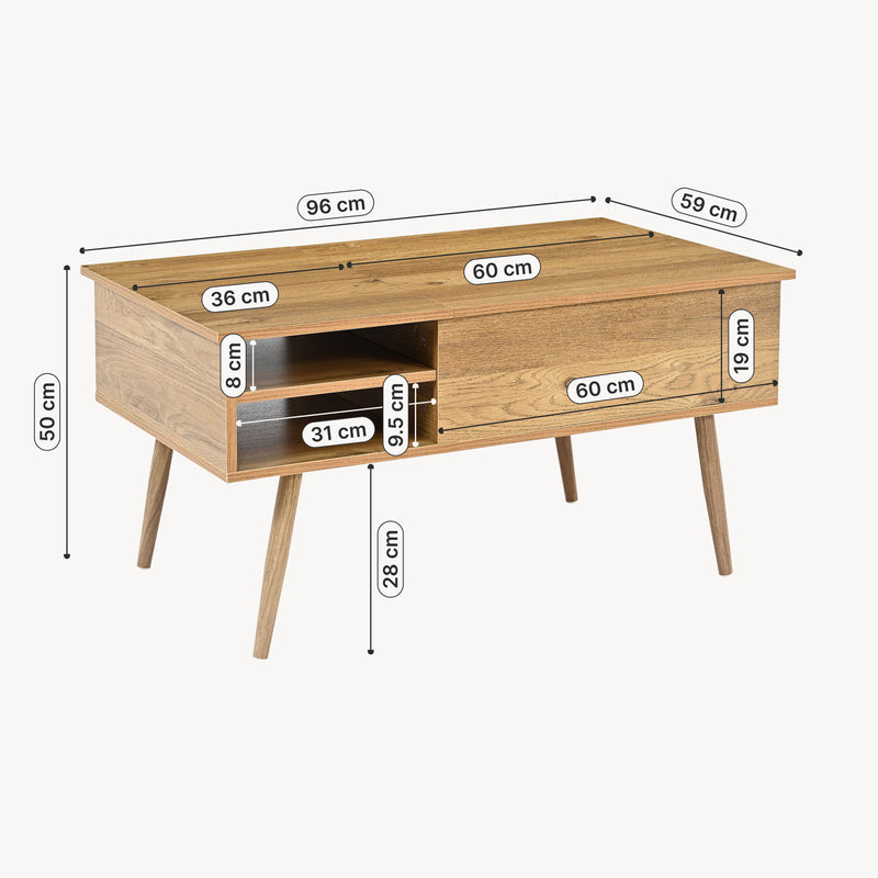 Maßskizze Couchtisch Vasdabod mit Liftplatte 96x59x50 cm Eicheoptik [en.casa]