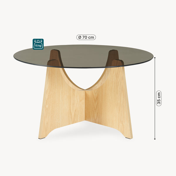 Couchtisch 'Omlar' mit Glasplatte rund Ø70 x 35 cm Eicheoptik / Rauchgrau