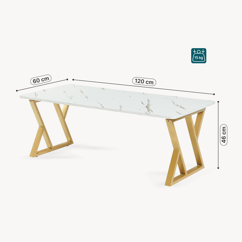 Maßskizze Couchtisch Nolu 120x60x46 cm Goldfarben/Marmoroptik, weiß [en.casa]