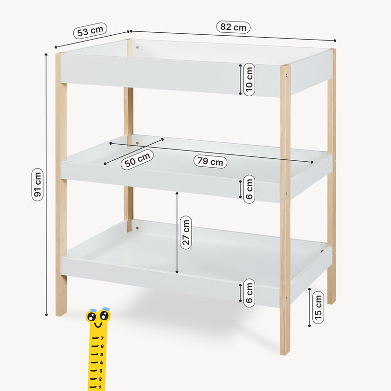 Maßskizze Wickeltisch Oupilu mit 2 Ablagen 91x82x53 cm Weiß [en.casa]