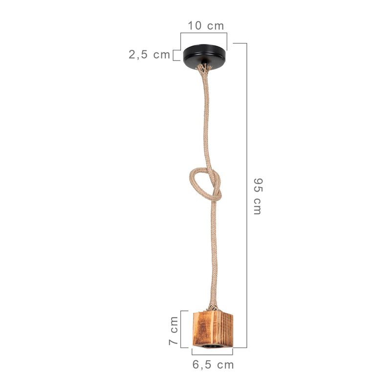 Maßskizze Hängeleuchte Corby E27 Metall Massivholz Juteseil Schwarz / Holzoptik / Jutefarben [lux.pro]