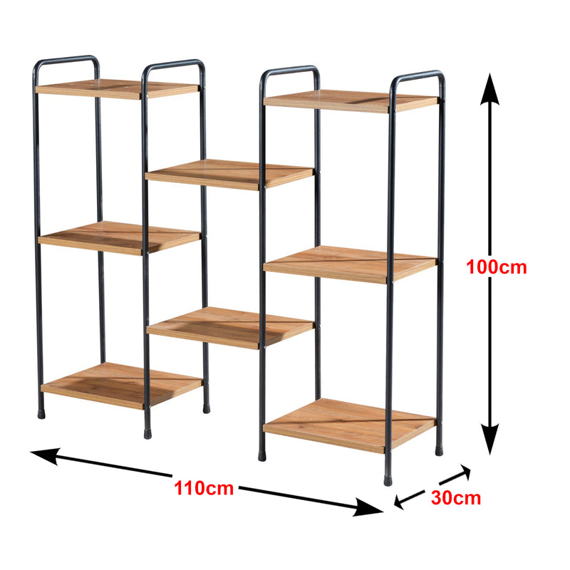 Maßskizze Standregal Birkerød mit 8 Ablageflächen 100 x 110 x 30 cm Schwarz / Walnuss-Optik [en.casa]