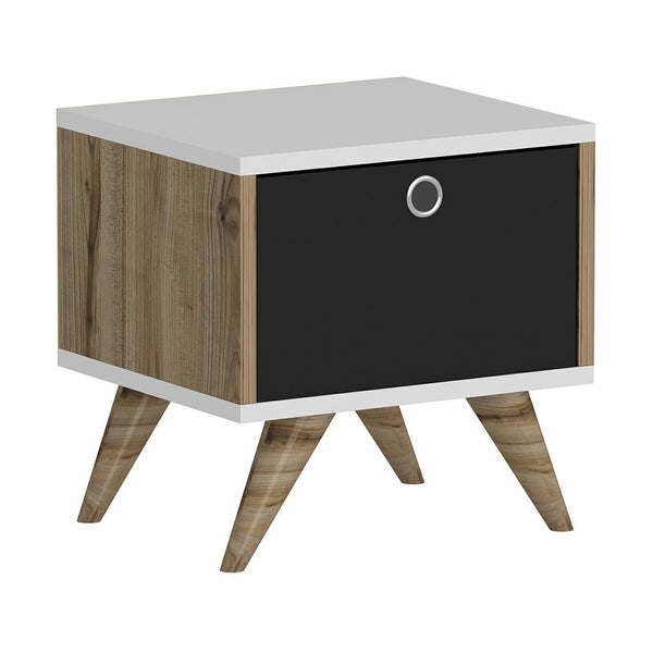 Nachttisch Hinnerup mit Klapptür 41x40x35 cm Weiß / Eichenoptik / Schwarz [en.casa]