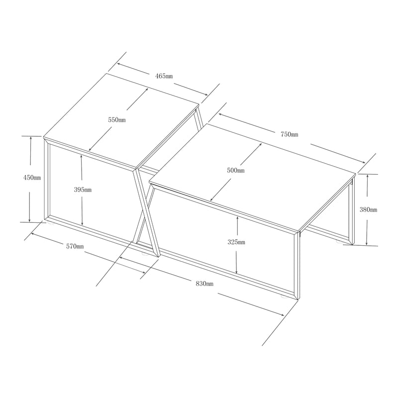 Maßskizze Satztisch Hyllestad 2er Set Schwarz/Betonoptik [en.casa]