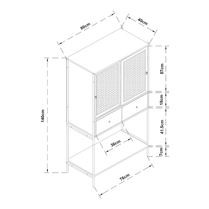 Maßskizze Beistellschrank Tysnes 140x80x40 cm Schwarz/Eiche [en.casa]