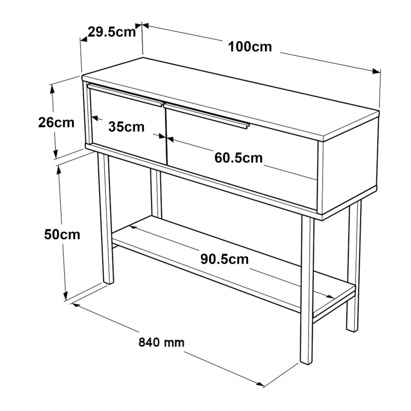 Maßskizze Konsolentisch Kvænangen 100x30x76 cm Eiche/Rattanoptik [en.casa]