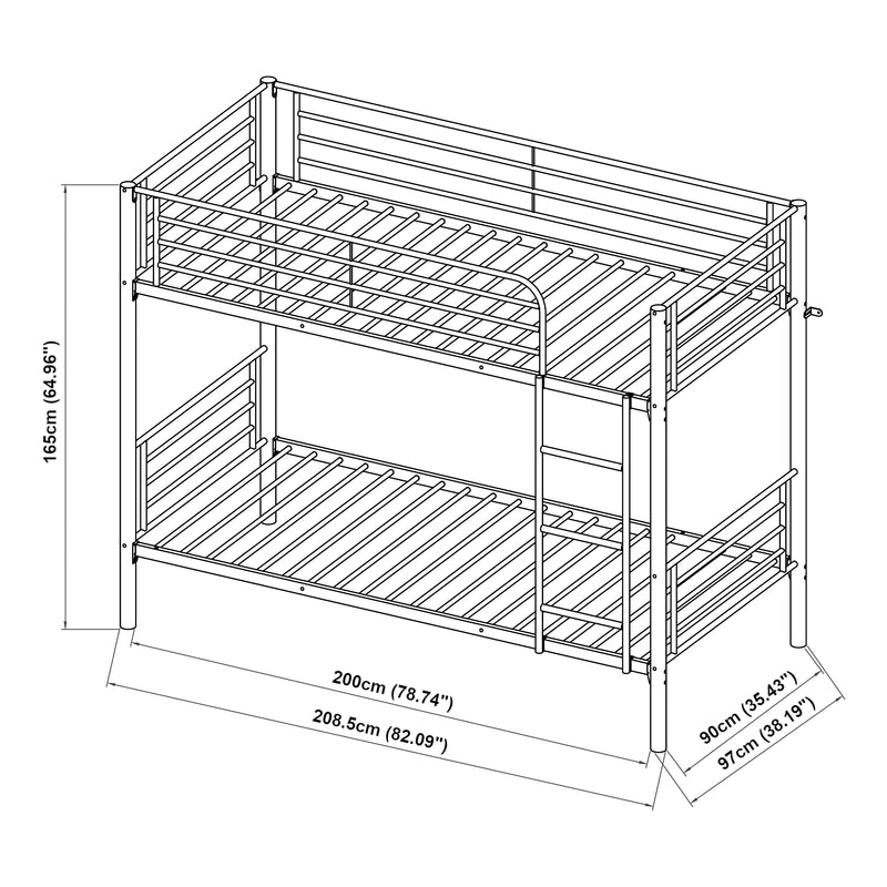 Maßskizze Metall-Etagenbett Soppsar 208,5x97x165 cm Silber [en.casa]