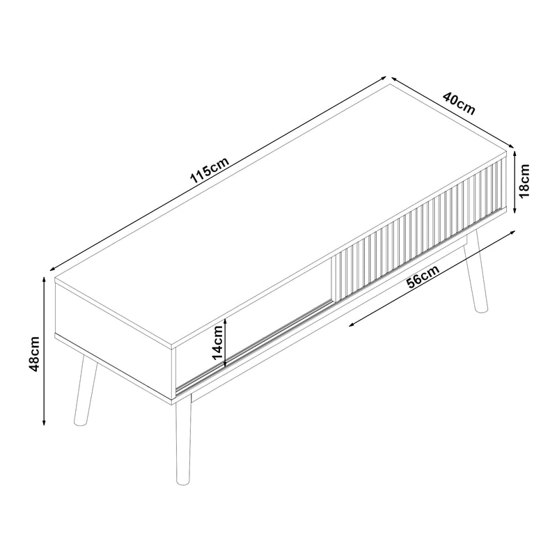 Maßskizze Fernsehtisch Landskrona 115x40x48 cm mit zwei Schiebetüren Eicheoptik [en.casa]