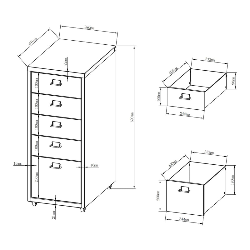Maßskizze Rollcontainer Kökar mit 5 Schubladen 69x28x41 cm [en.casa]