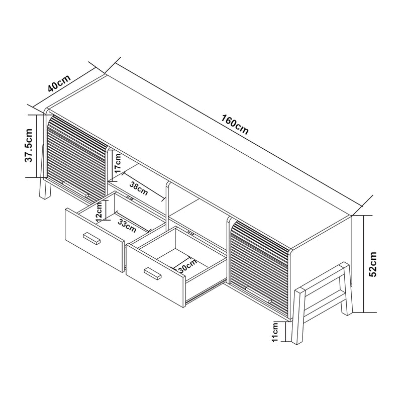 Maßskizze Fernsehschrank Kvaefjord 160x40x52 cm Weiß/Grau [en.casa]