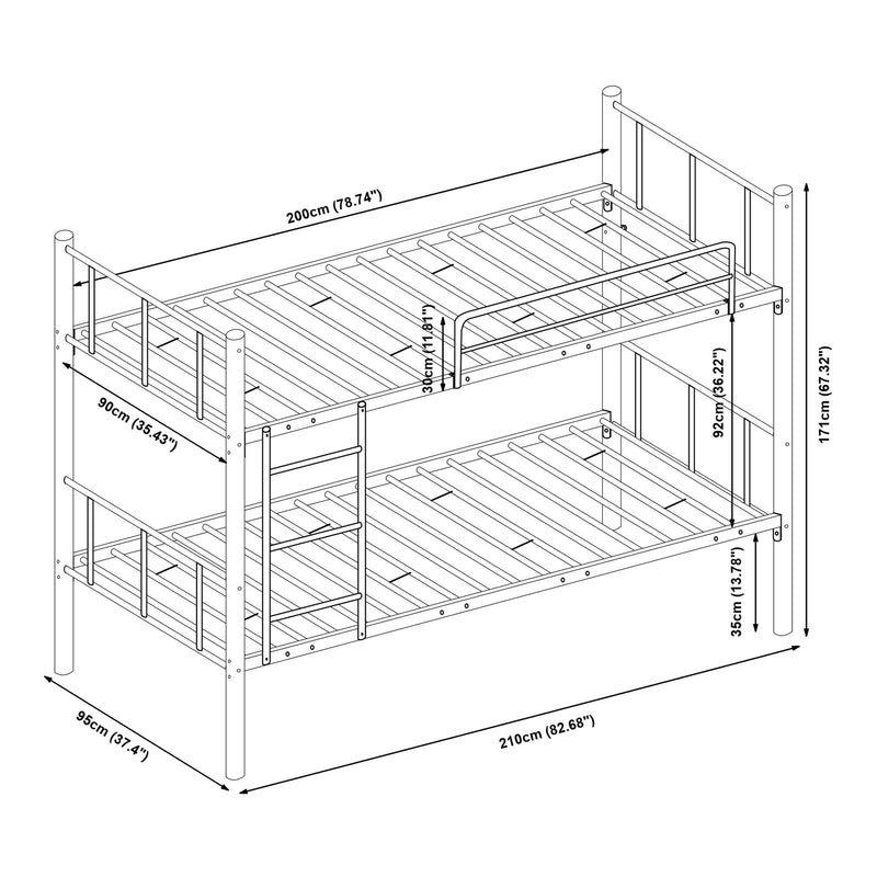 Maßskizze Metall-Etagenbett Berimma 90x200 cm Schwarz [en.casa]