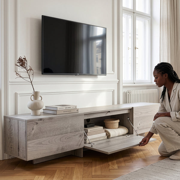 Fernsehschrank Kapipimso mit 3 Klappen 194x31x37 cm Eicheoptik, grau [en.casa]