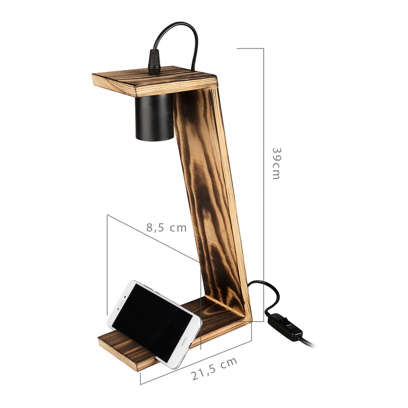 Maßskizze Tischleuchte Gillingham E27 Massivholz Schwarz / Holzoptik [lux.pro]
