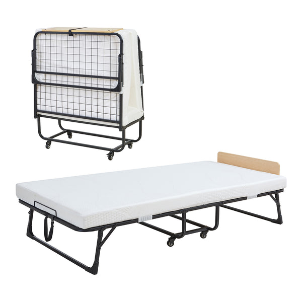 Metall-Klappbett Lustendi mit Matratze 200x90cm Schwarz/Eicheoptik [en.casa]