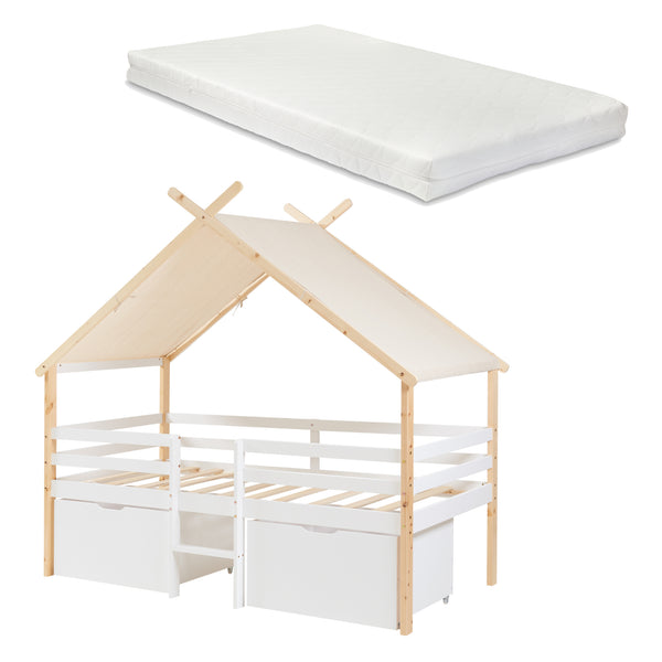 Hausbett Surnadal mit Matratze 90x200 cm Kiefernholz Weiß/Natur [en.casa]