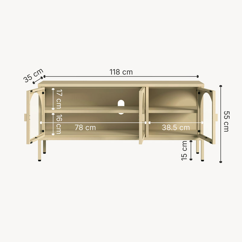 Maßskizze Vitrinen-Sideboard Klippestad Stahl 118x35x55 cm Kamelfarben [en.casa]