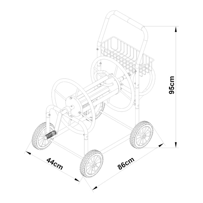 Maßskizze Metall Schlauchwagen für 3/4' Schlauch - bis zu 60m Schlauch - Schlauchtrommel Aufroller Gartenschlauch [pro.tec]