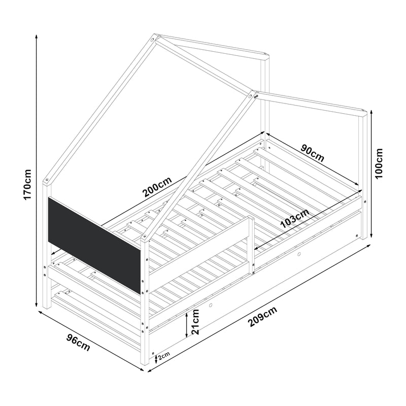 Maßskizze Hausbett Sodankylä 90x200cm mit Ausziehbett Kiefernholz Natur [en.casa]