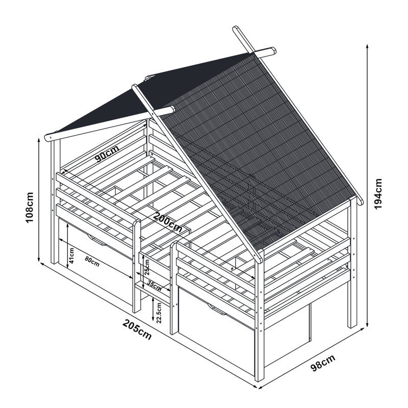 Maßskizze Hausbett Surnadal 90x200 cm Kiefernholz Weiß/Natur [en.casa]