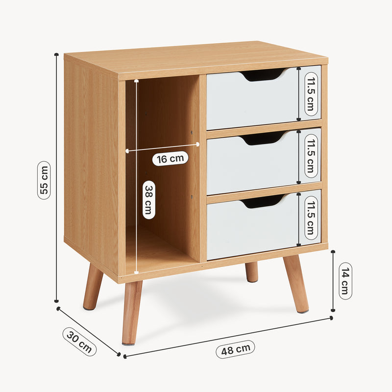 Maßskizze Nachttisch Bordkak 55x48x30 cm Eicheoptik/Weiß [en.casa]