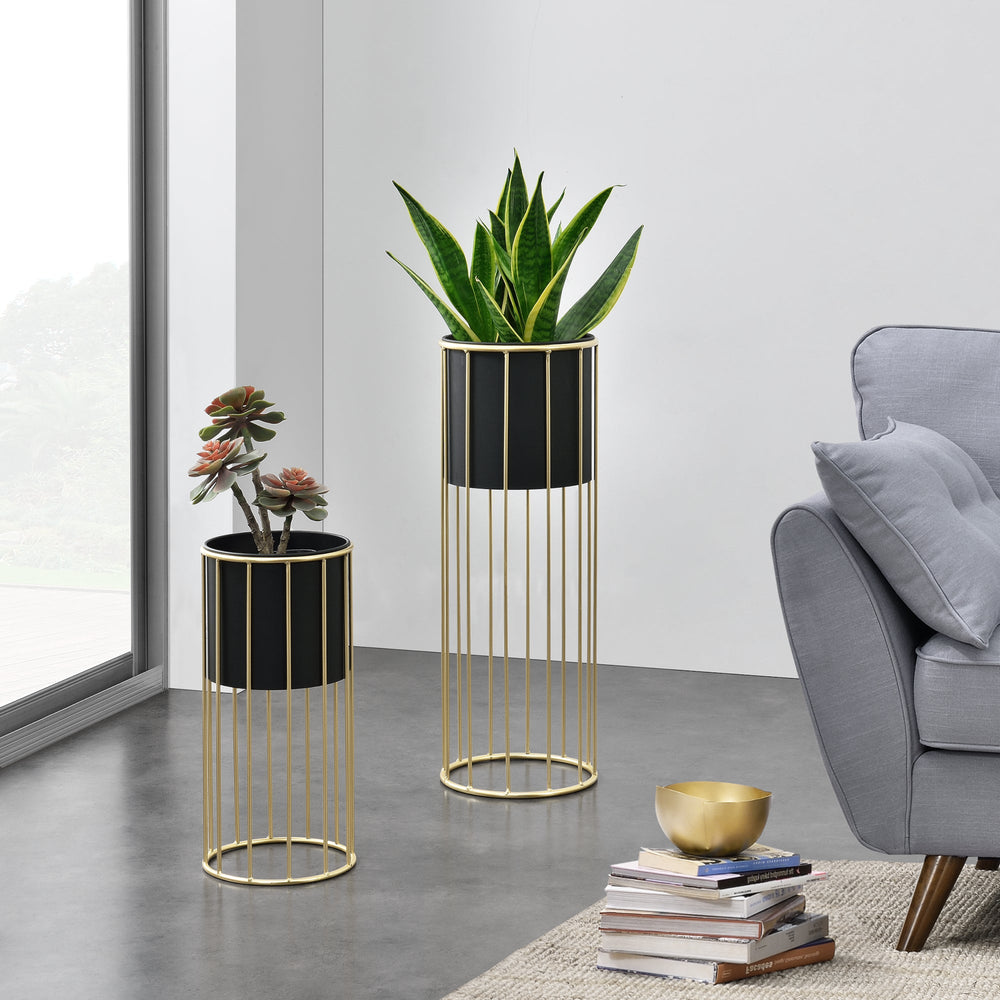 Blumentopfständer Mortsel 2er - Set Metall Schwarz - Goldfarben [en.casa] - premiumXL