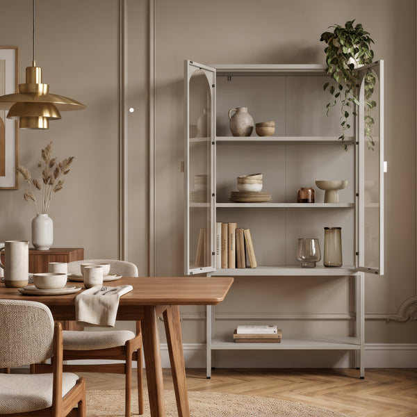 Vitrinenschrank Klippestad Stahl 160x80x35 cm Kamelfarben [en.casa]