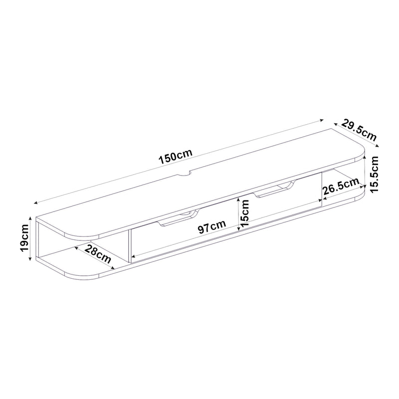 Maßskizze TV-Lowboard hängend Karjali 150x30x19 cm Eicheoptik [en.casa]