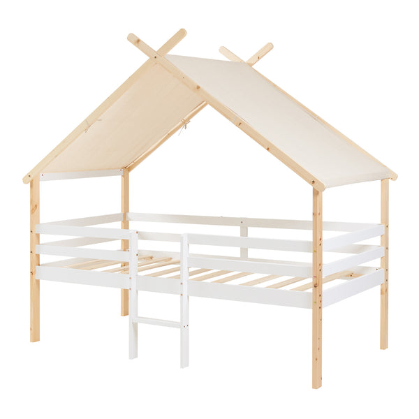 Hausbett Surnadal mit Matratze 90x200 cm Kiefernholz Weiß/Natur [en.casa]